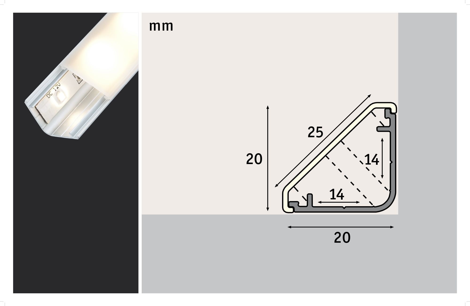 Delta Profil mit Diffusor 2m Alu eloxiert, Satin, Alu/Kunststoff