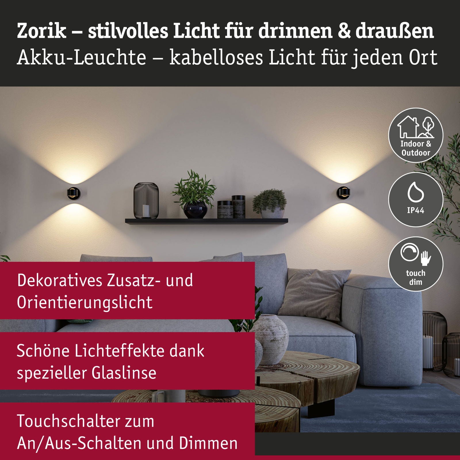 LED Akkuwandleuchte Zorik IP44 dimmbar 2700K 100mm 2x1,1W Schwarz
