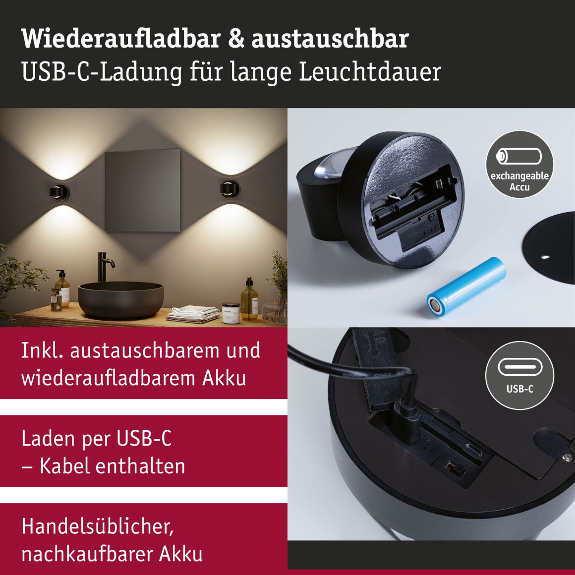 LED Akkuwandleuchte Zorik IP44 dimmbar 2700K 100mm 2x1,1W Schwarz