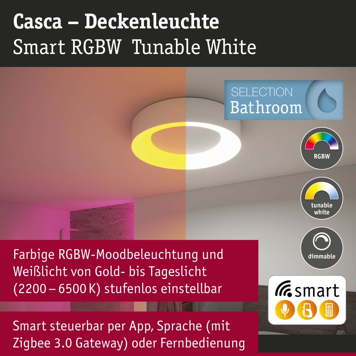 LED Deckenleuchte Smart Home Zigbee 3.0 Casca IP44 RGBW+ 1750lm 230V 20W dimmbar Weiß matt