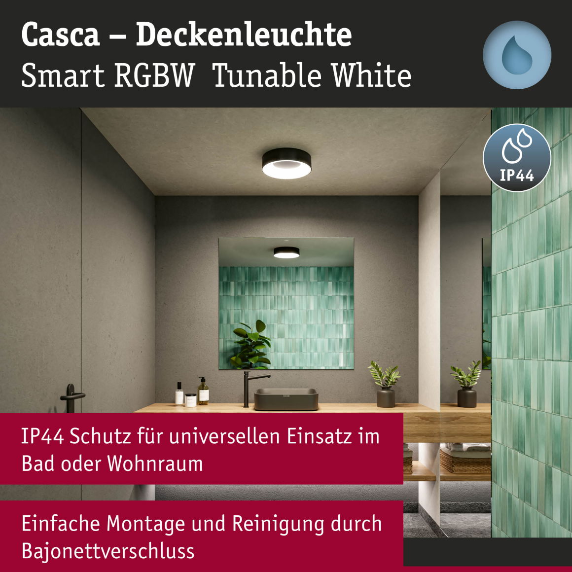 LED Deckenleuchte Smart Home Zigbee 3.0 Casca IP44 RGBW+ 1750lm 230V 20W dimmbar Schwarz matt