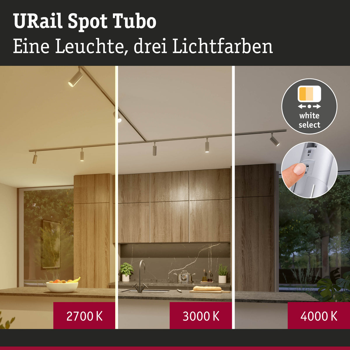 URail Schienenspot 3-Step-Dim Tubo Einzelspot 300lm 4W White Select dimmbar 230V Chrom matt