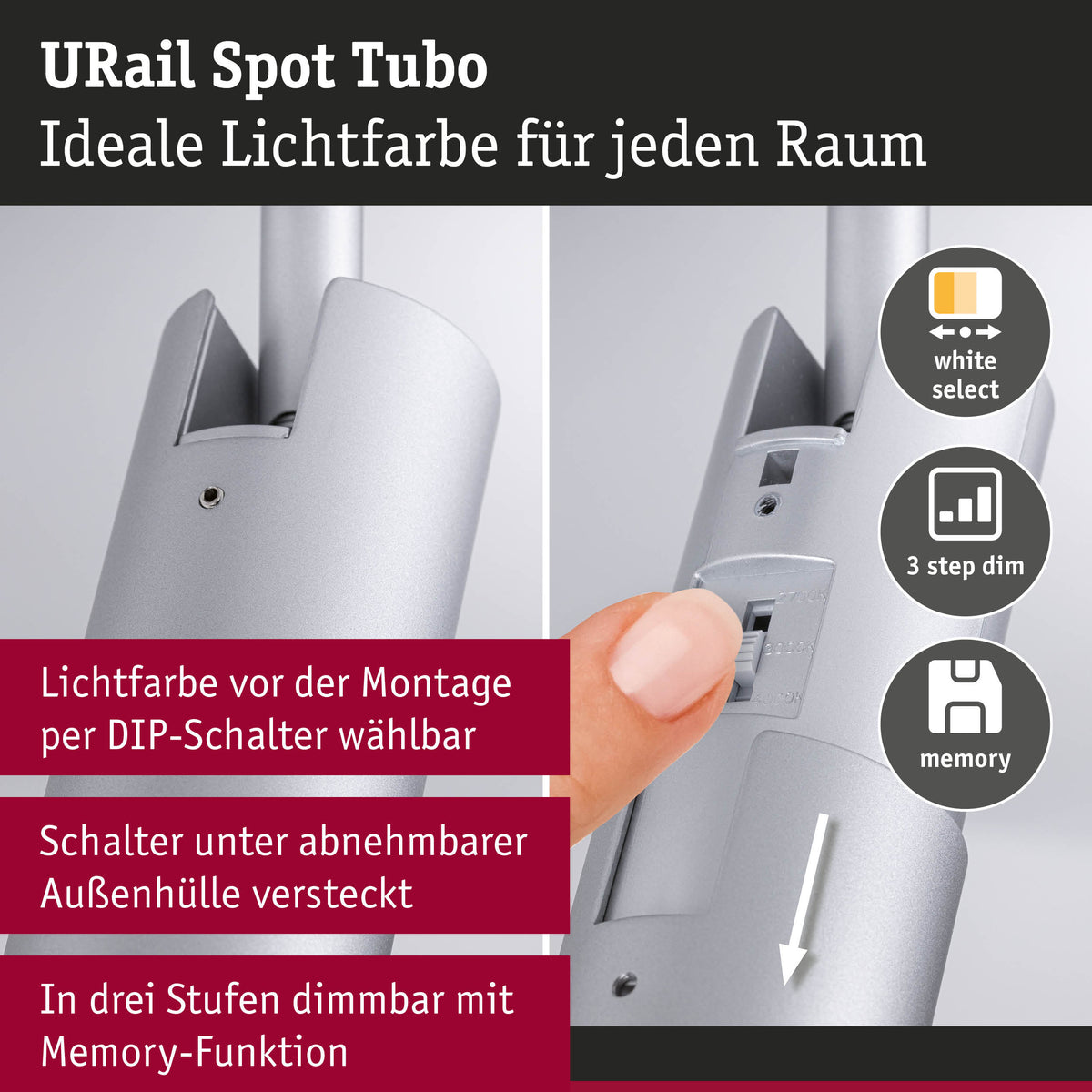 URail Schienenspot 3-Step-Dim Tubo Einzelspot 300lm 4W White Select dimmbar 230V Chrom matt