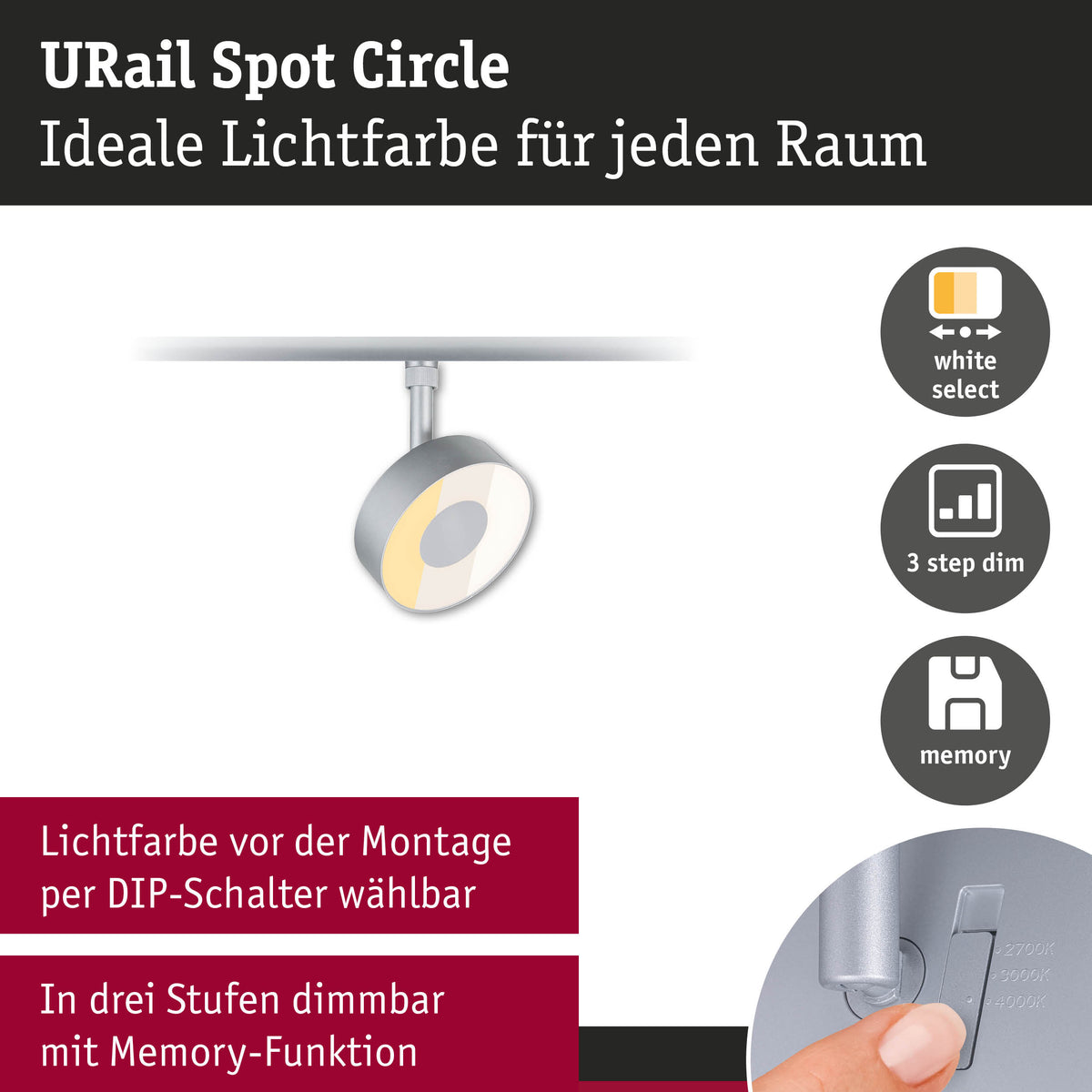 URail Schienenspot 3-Step-Dim Circle 250lm 5W White Select dimmbar 230V Chrom matt