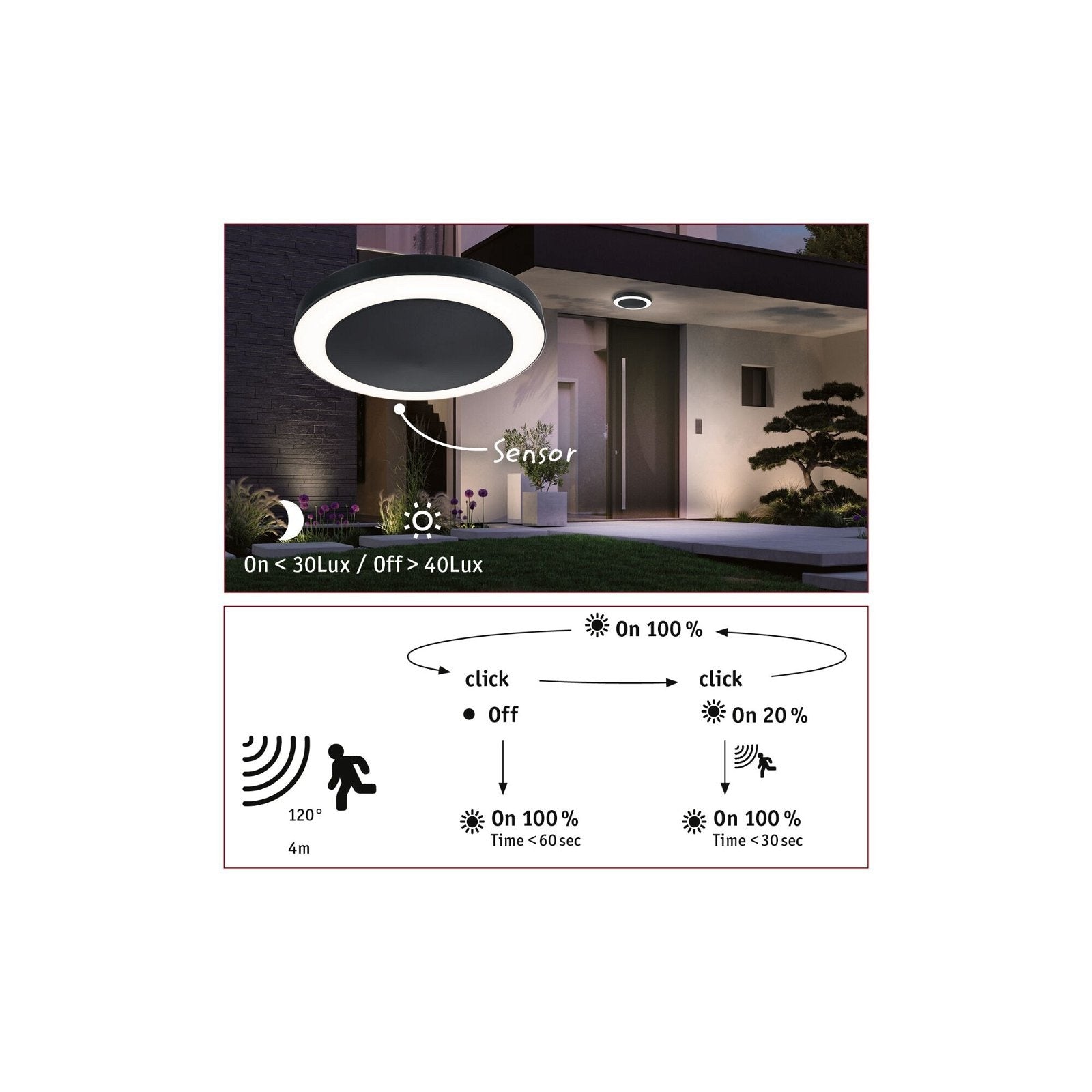 LED Deckenleuchte Circula Dämmerungssensor Bewegungsmelder seewasserresistent IP44 rund 320mm 3000K 14W 880lm 230V Anthrazit Kunststoff