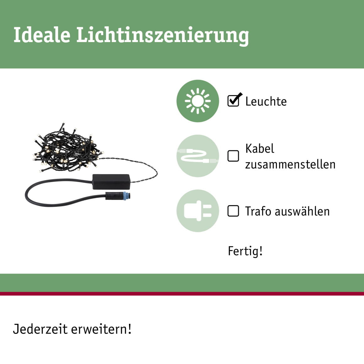 Plug & ShineLED Lichterkette Yuna Warmweiß 7,4m IP44 1,3W Schwarz