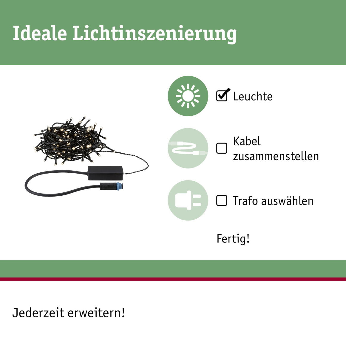 Plug & ShineLED Lichterkette Yuna Warmweiß 12,4m IP44 2,5W Schwarz