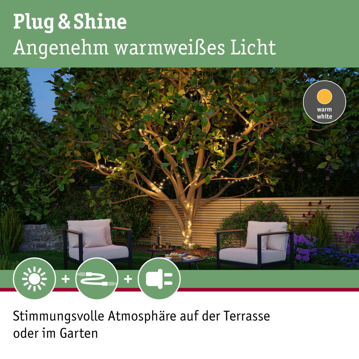 Plug & ShineLED Lichterkette Yuna Warmweiß 7,4m IP44 1,3W Schwarz
