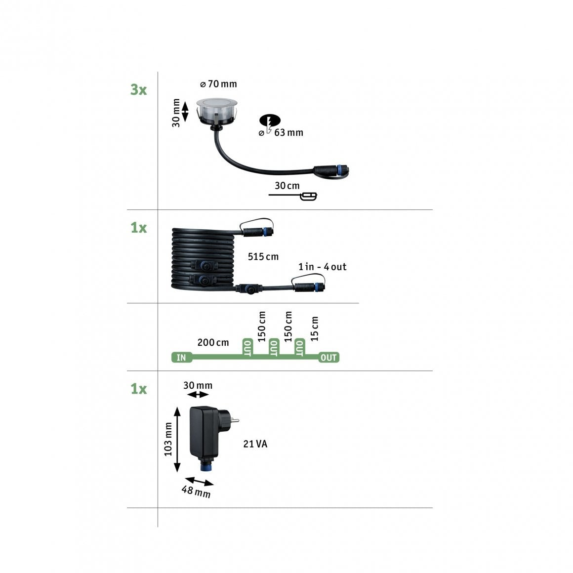 Plug & Shine LED Bodeneinbauleuchte Floor Basisset Insektenfreundlich IP67 2200K 3x2W 21VA Silber