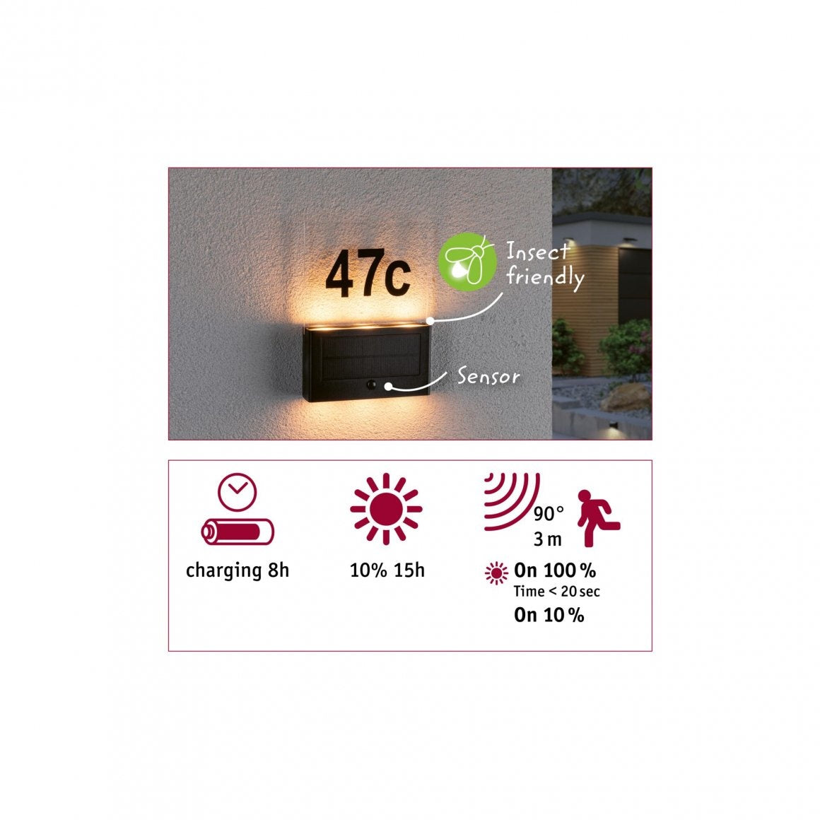 Solar LED Hausnummernleuchte Neda Bewegungsmelder insektenfreundlich IP44 2200K 18lm Anthrazit
