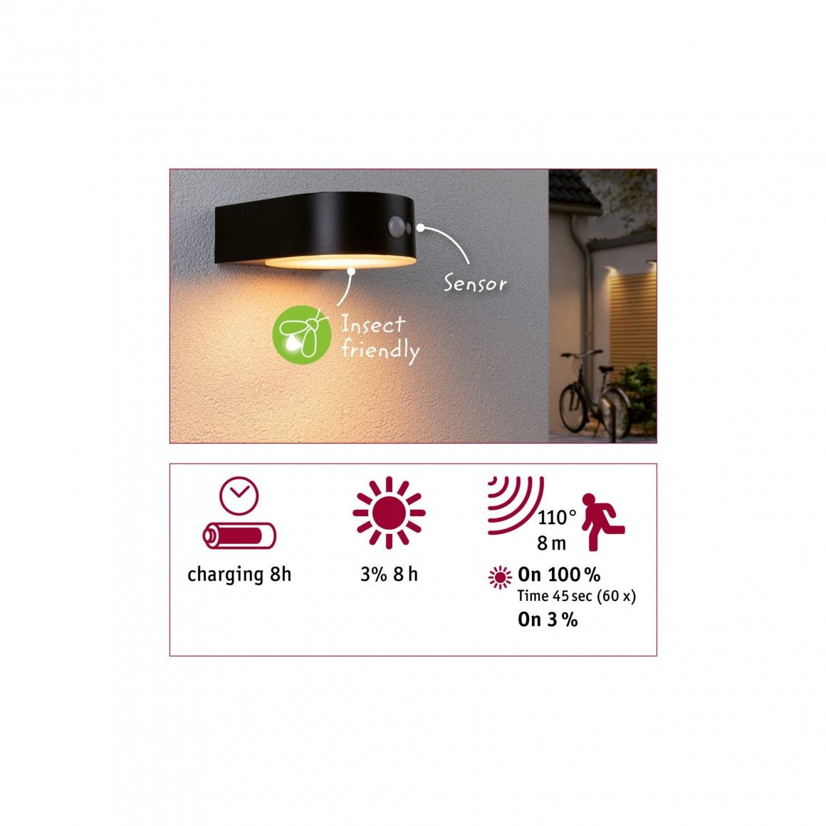 Solar LED Außenwandleuchte Eileen Bewegungsmelder insektenfreundlich IP44 2200K 300lm Schwarz