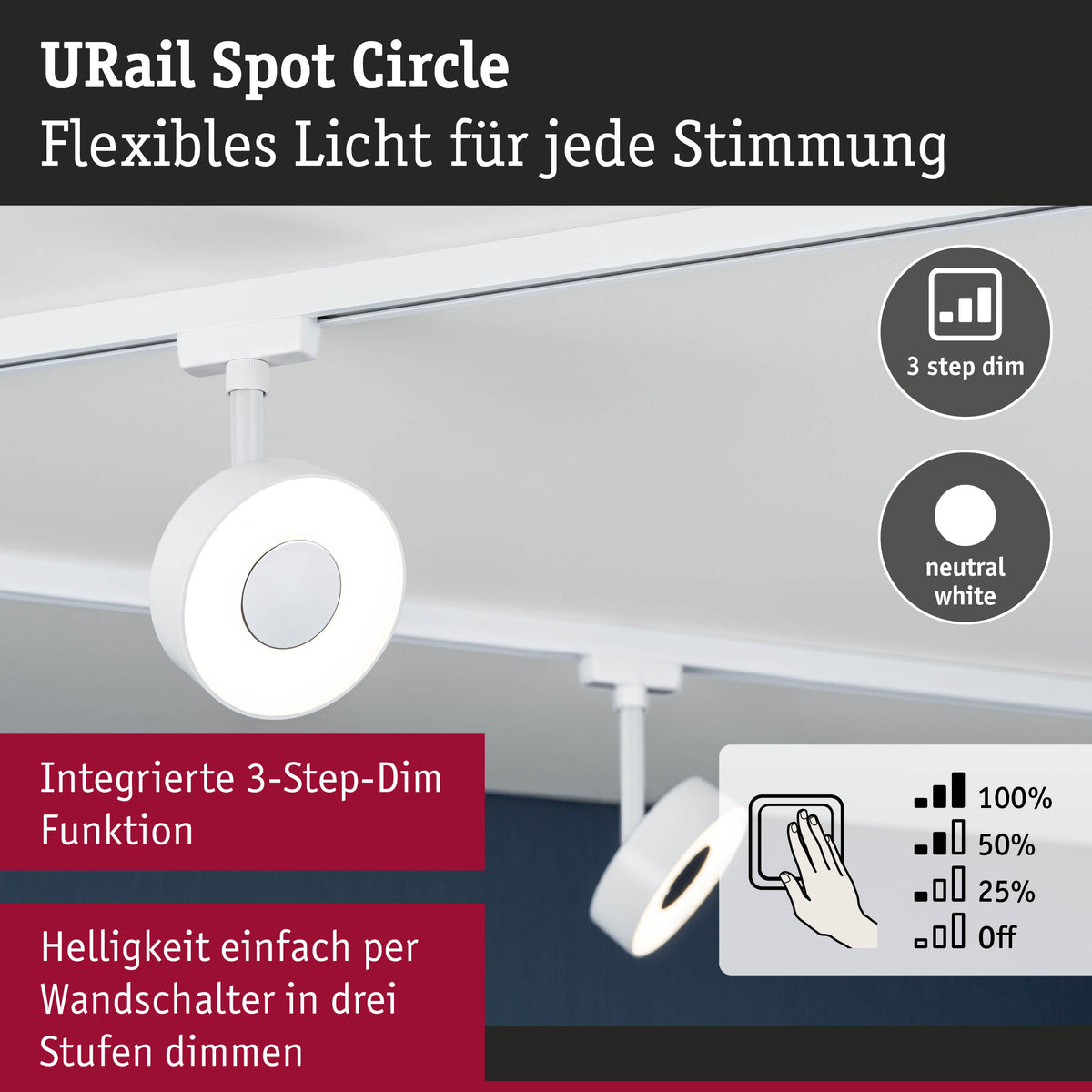 URail Schienenspot 3-Step-Dim Circle 220lm 5W 4000K dimmbar 230V Signalweiß