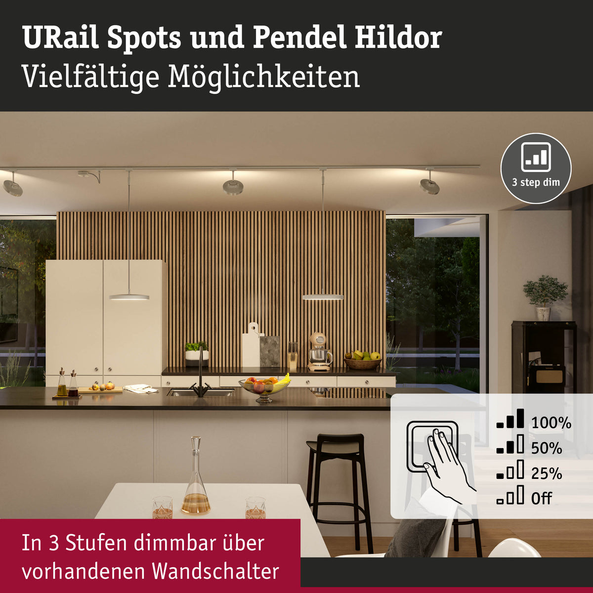 URail Pendel 3-Step-Dim Hildor 850lm 15W 3000K dimmbar 230V Chrom matt