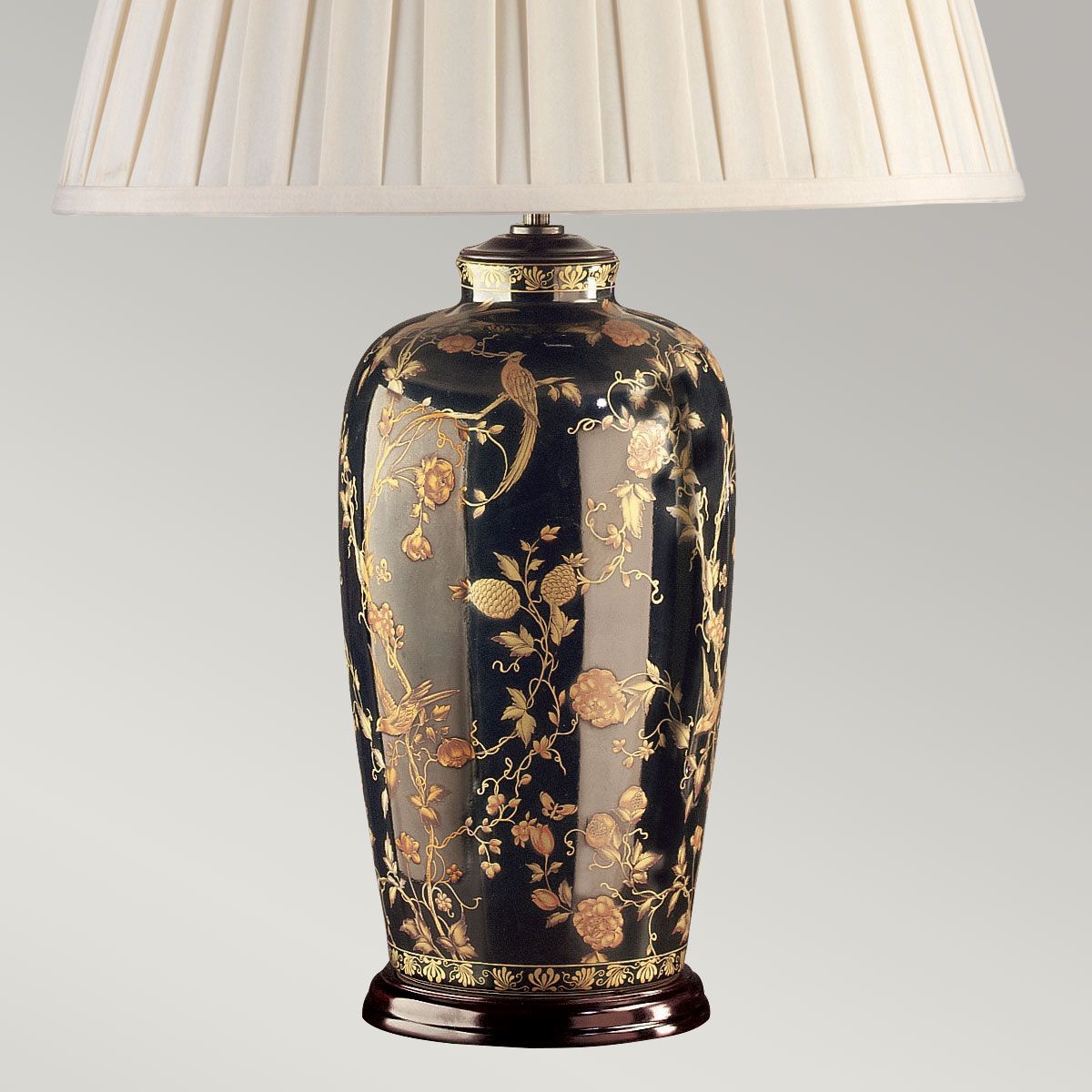 Tischlampe „Black Birds“ mit 1 Licht, Schwarz und Gold mit cremefarbenem Schirm