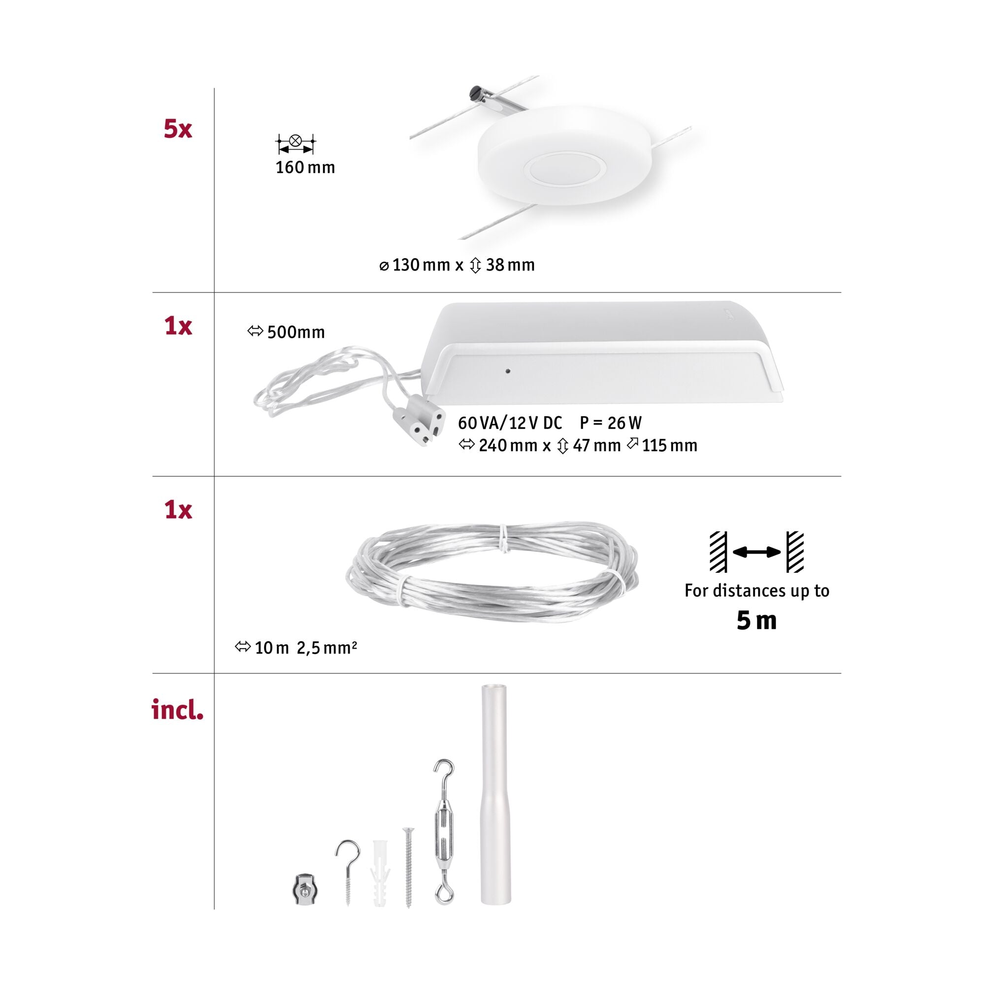 CorDuo DiscLED Basisset 5x200lm 5x4,5W 3000K 230/12V Chrom matt/Chrom - Paulmann - 94426