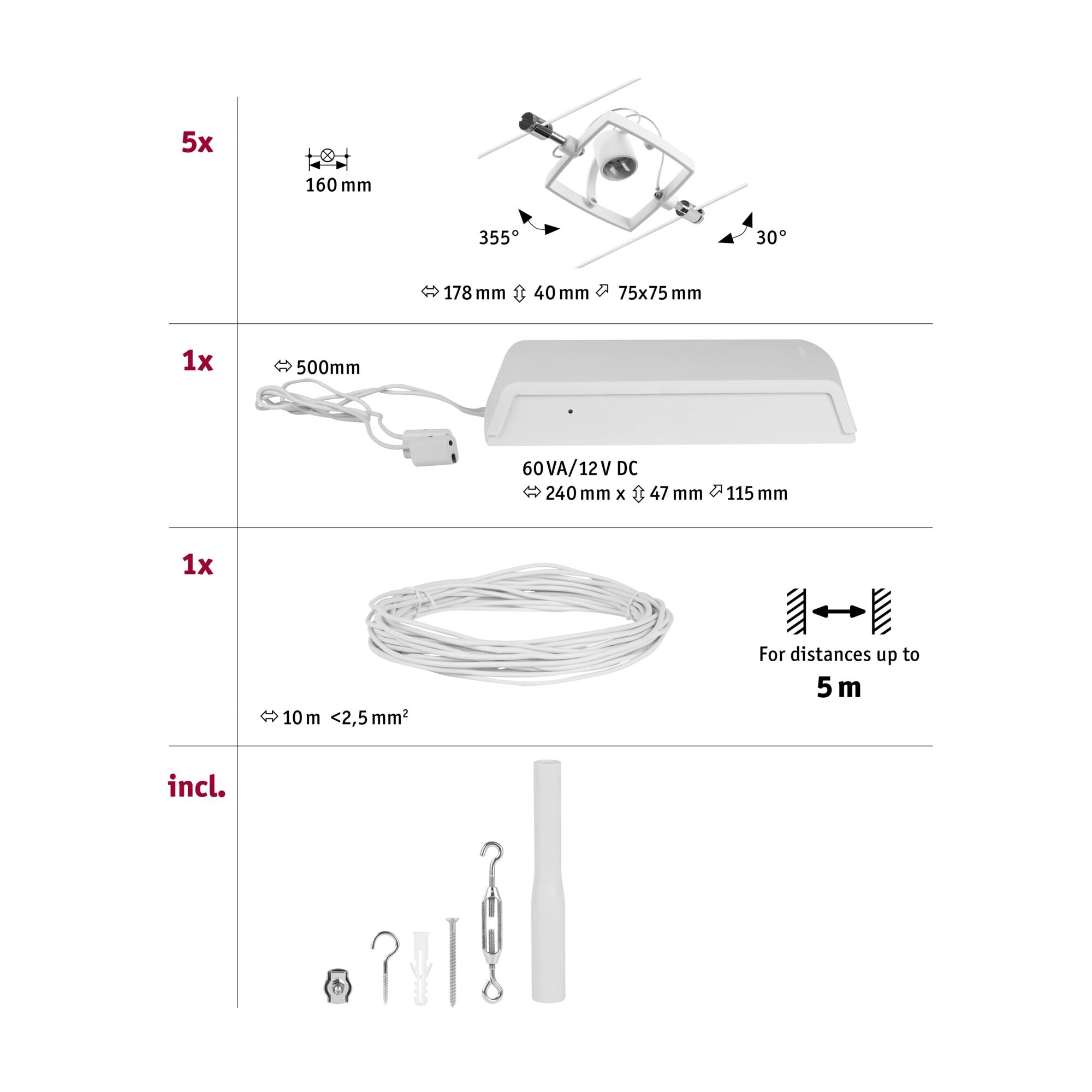 CorDuo Mac II Basisset GU5,3 max. 5x10W 230/12V Weiß matt/Chrom - Paulmann - 94432