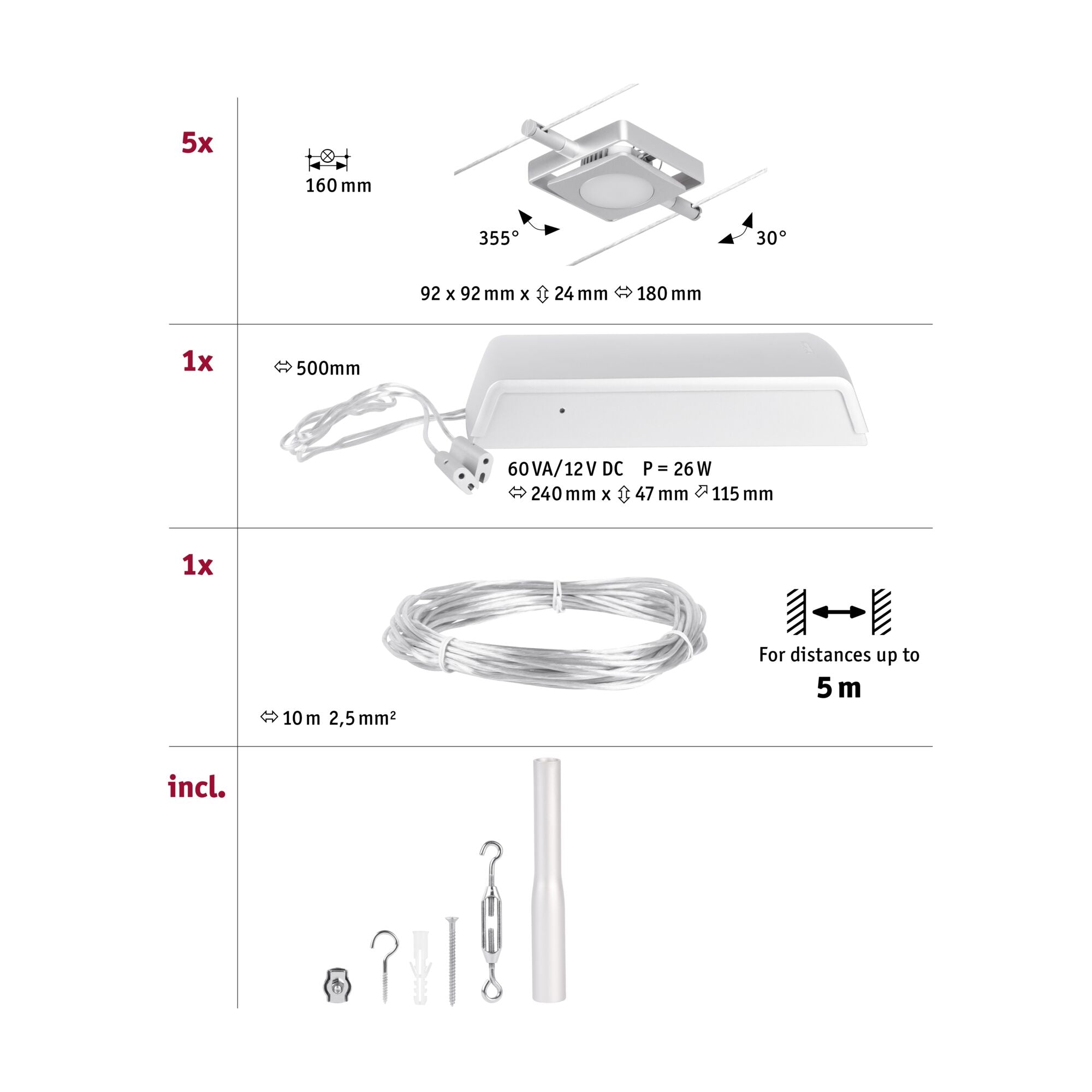 CorDuo MacLED Basisset 5x250lm 5x4,5W 3000K 230/12V Chrom matt/Chrom - Paulmann - 94420