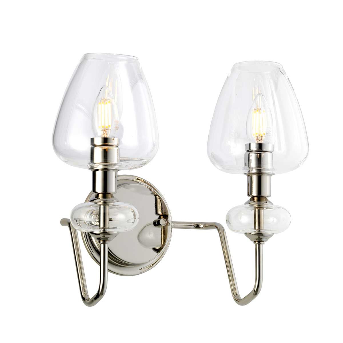 Wandleuchte Armand, 2 Lichter, poliertes Nickel, mit klaren Glasschirmen