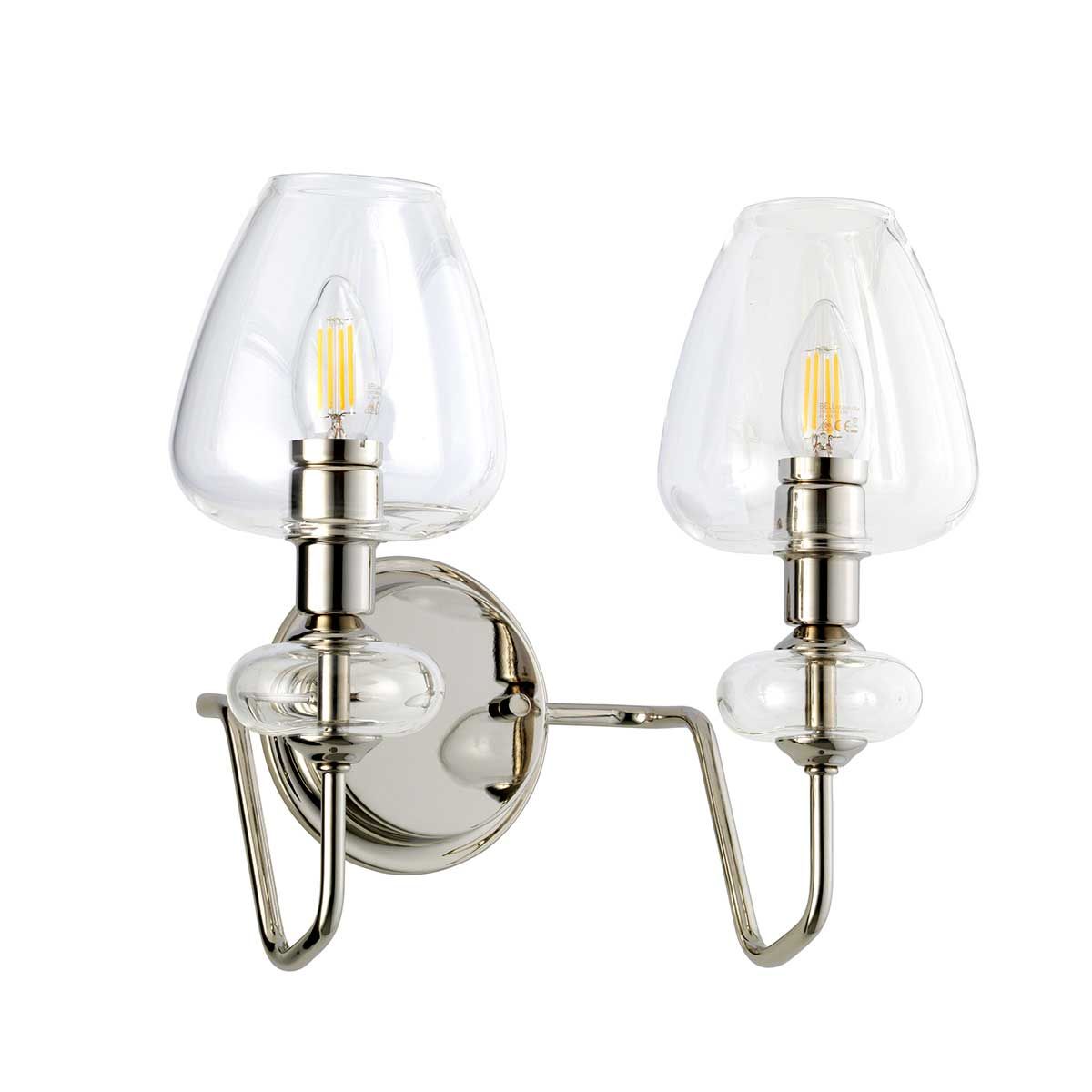 Wandleuchte Armand, 2 Lichter, poliertes Nickel, mit klaren Glasschirmen