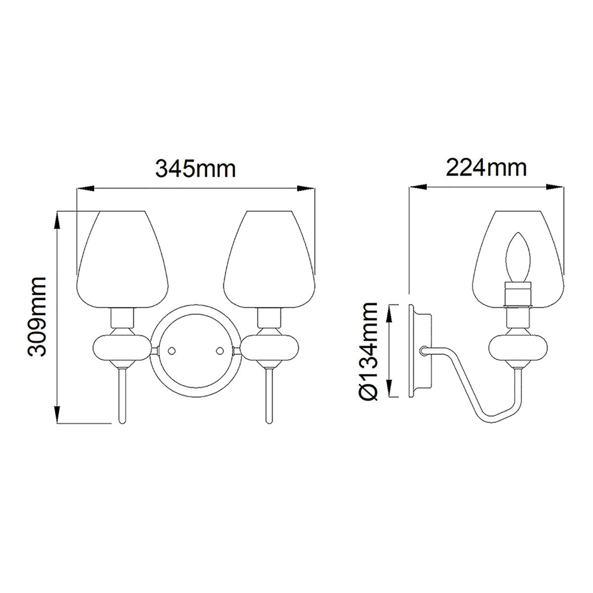 Wandleuchte Armand, 2 Lichter, poliertes Nickel, mit klaren Glasschirmen
