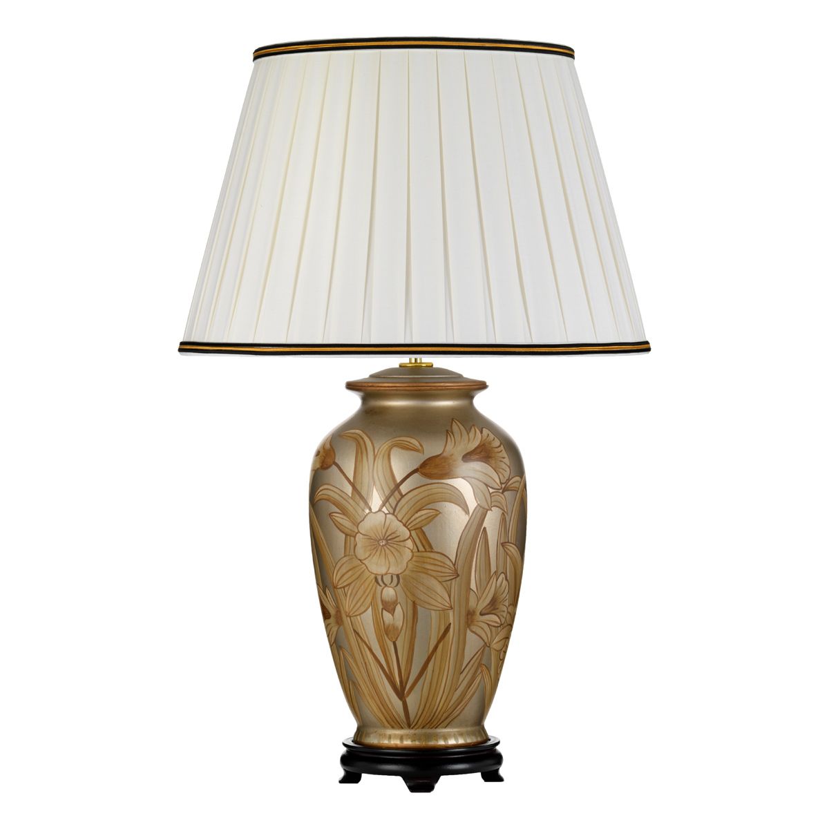 Tischlampe Dian mit 1 Licht und hohem Empire-Schirm - Silber und Gold mit Elfenbein mit schwarzem und goldenem Schirmrand