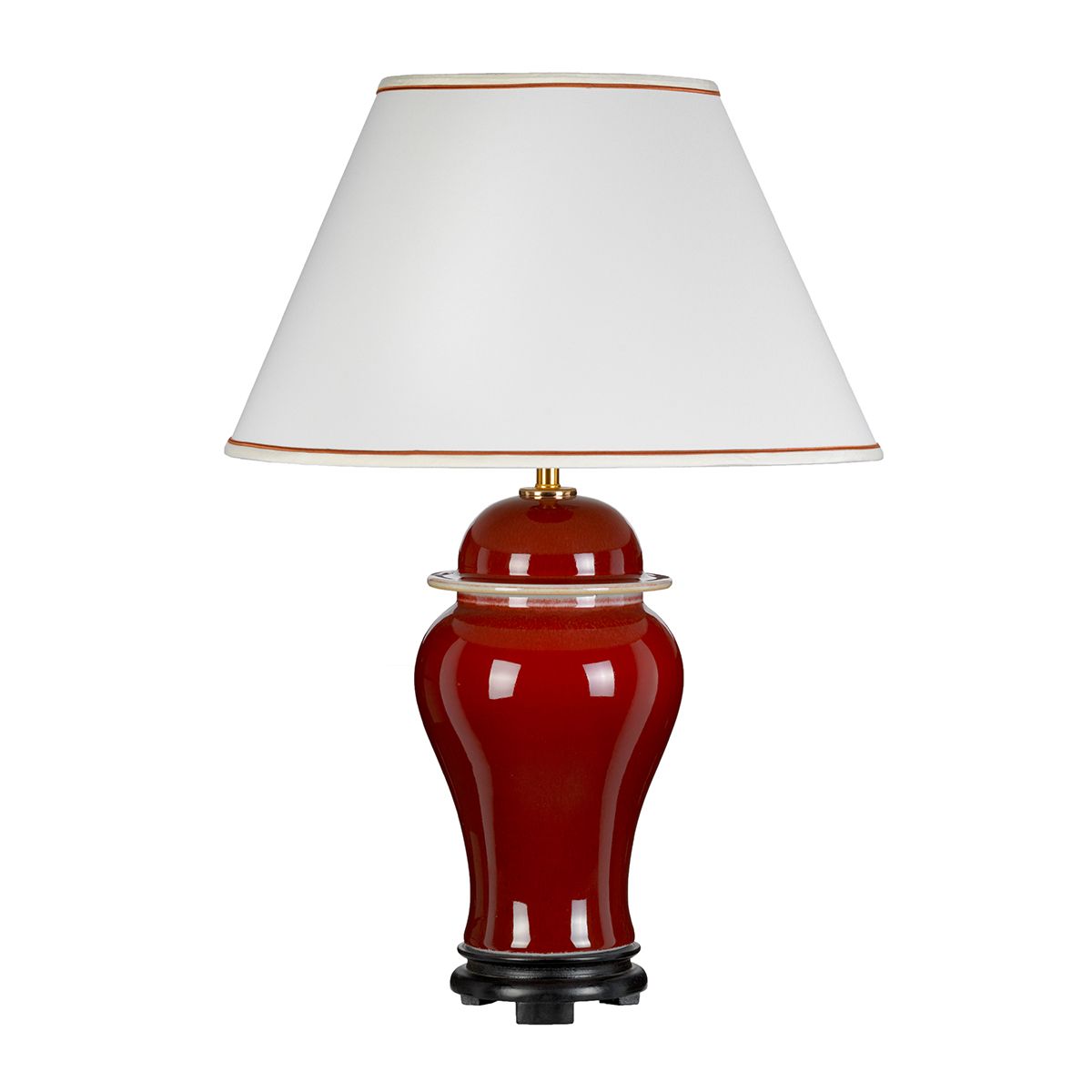 Oxblood Temple Jar 1-flammige Tischlampe mit hohem Empire-Schirm - Ochsenblut mit cremefarbenem Schirm mit elfenbeinfarbenem und goldenem Rand