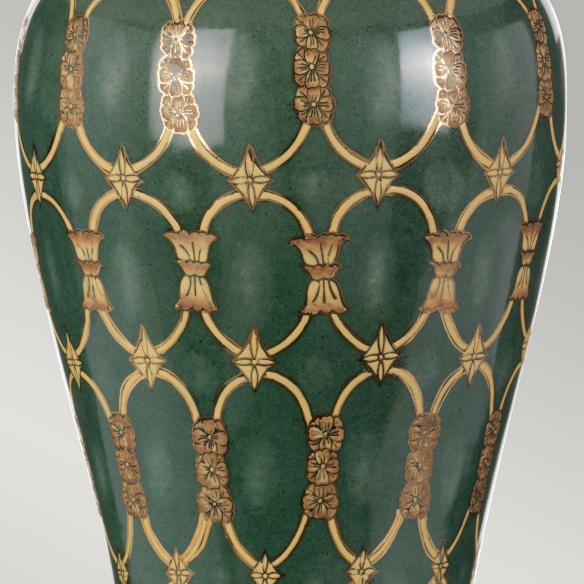 Sashi 1-flammige Tischlampe mit hohem Empire-Schirm - Grün mit Gold und Braun mit Elfenbein mit schwarzem und goldenem Schirmrand