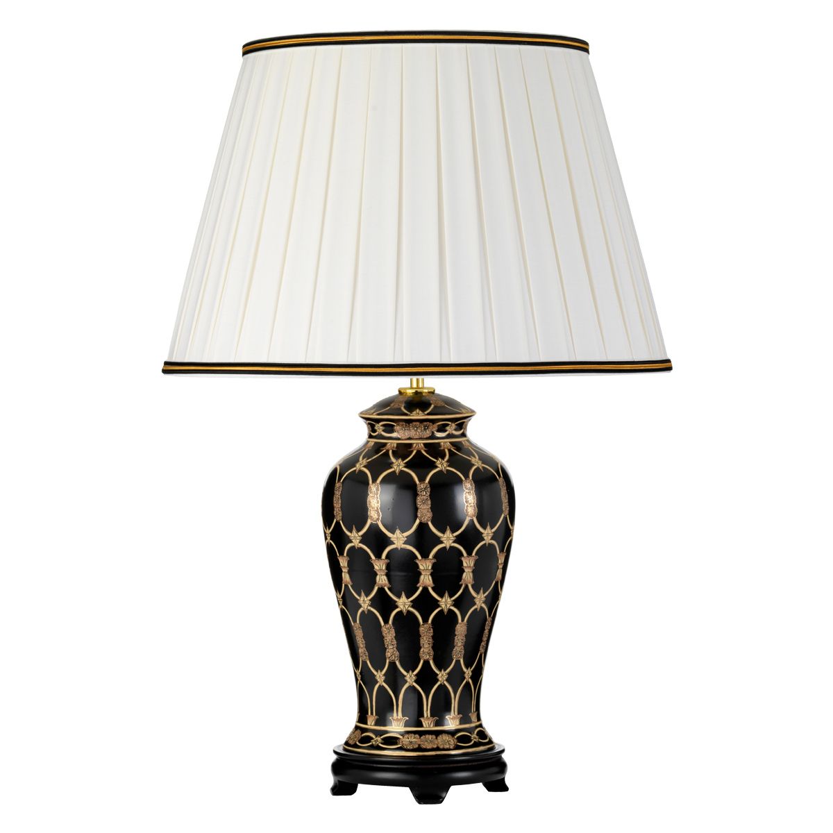 Tischlampe „Taipei“ mit 1 Licht und hohem Empire-Schirm – Schwarz und Gold mit Elfenbein mit schwarzem und goldenem Zierschirm
