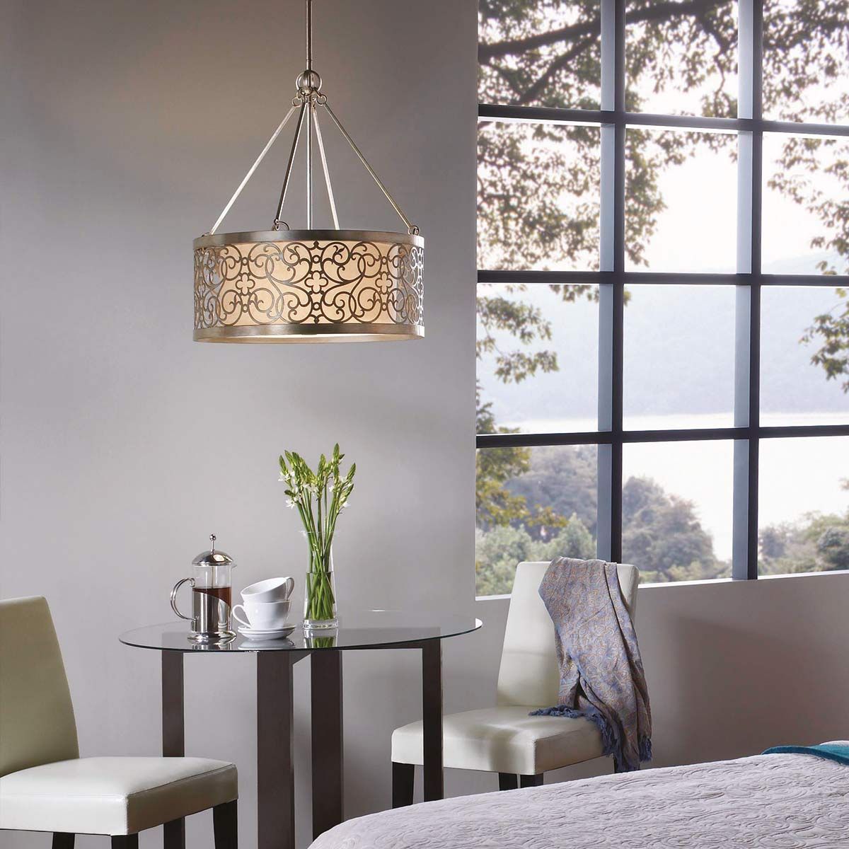 Arabesque Kronleuchter mit 4 Lichtern, Blattsilber-Patina - Elsteadlighting - leuchtengrosshandel24