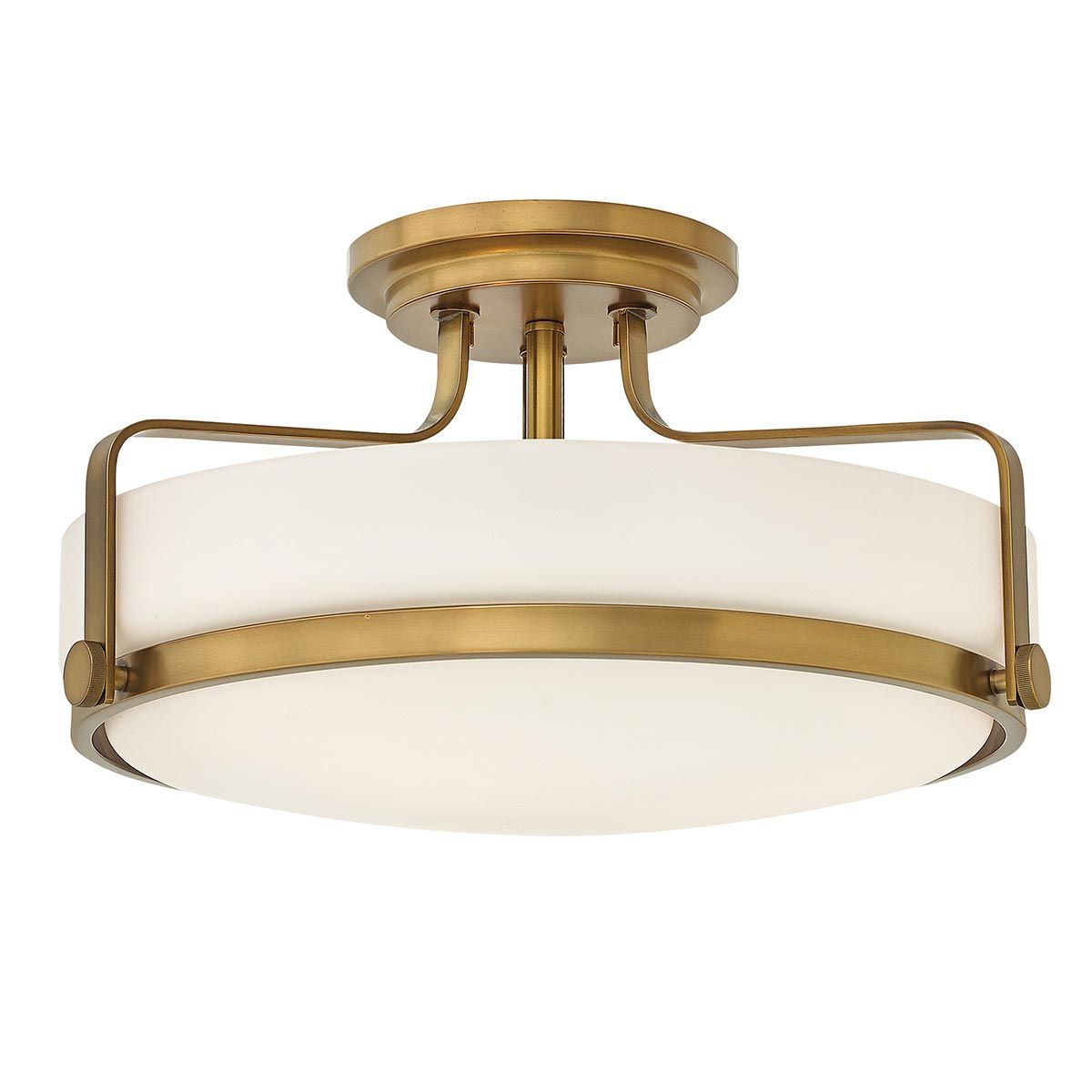 Harper 3-flammige, mittelgroße Halbdeckenleuchte - Heritage Messing, Stahl, Opalglas - Elsteadlighting - leuchtengrosshandel24