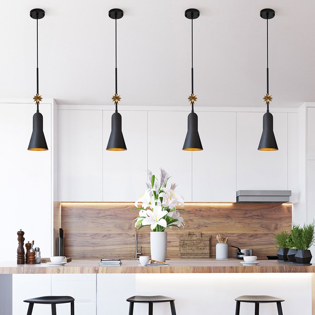 Kleine Pendelleuchte Etoile 1lt - Mattschwarz und Blattgold - Elsteadlighting - leuchtengrosshandel24