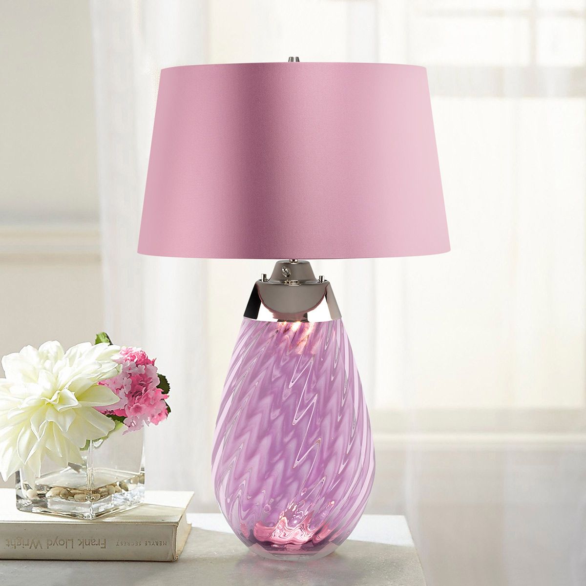 Lena 2-flammige große Tischlampe in Pflaumenfarbe - Pflaumenfarbenes Glas / Schirm in Heidekraut - Elsteadlighting - leuchtengrosshandel24