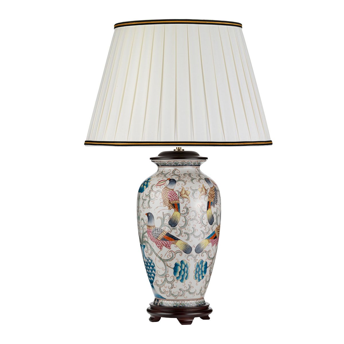 Tischlampe Ping mit 1 Licht, Creme mit bunten Vögeln und elfenbeinfarbenem Schirm mit schwarzem und goldenem Rand - Elsteadlighting - DL - PING - TL