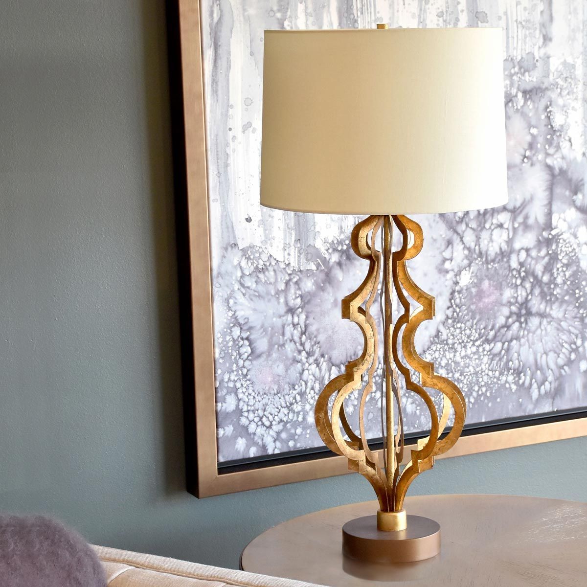 Tischlampe Octavia mit 1 Flamme, Antik-Gold mit cremefarbenem Schirm