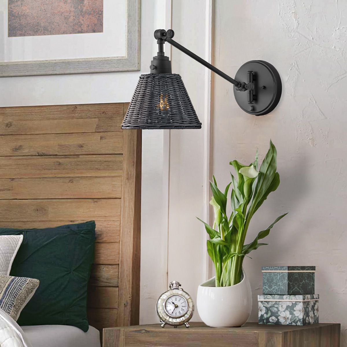 Hinkley Arti 1 lt Wandlampe - Schwarz, Schwarzer Rattan-Schirm - Elsteadlighting - leuchtengrosshandel24