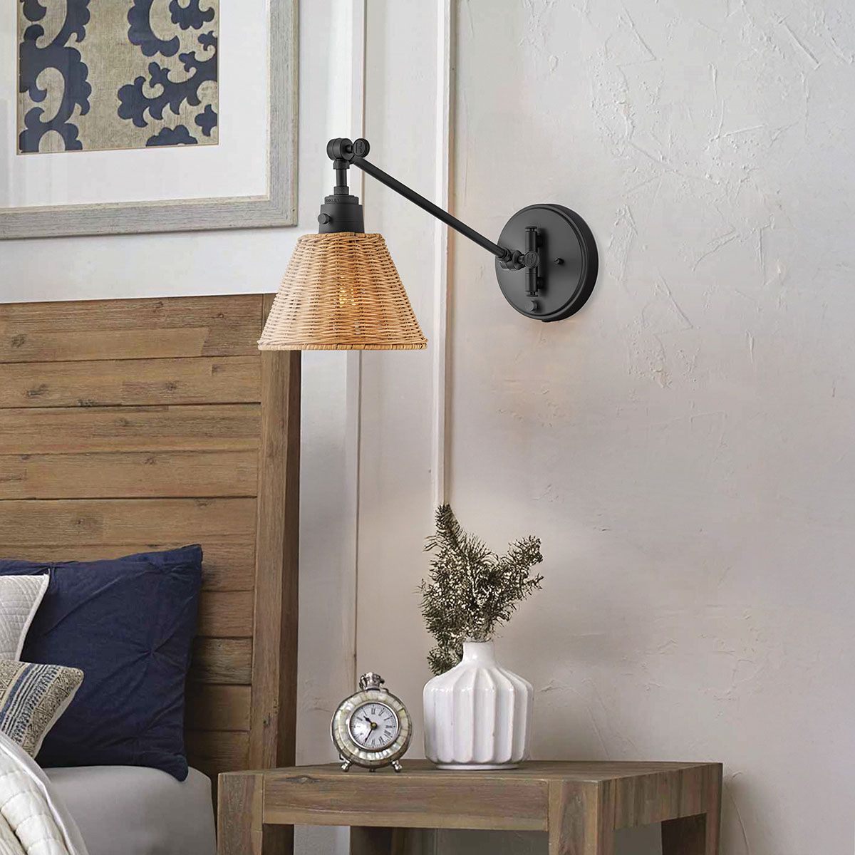 Hinkley Arti 1 lt Wandlampe - Schwarz, natürlicher Rattan-Schirm - Elsteadlighting - leuchtengrosshandel24
