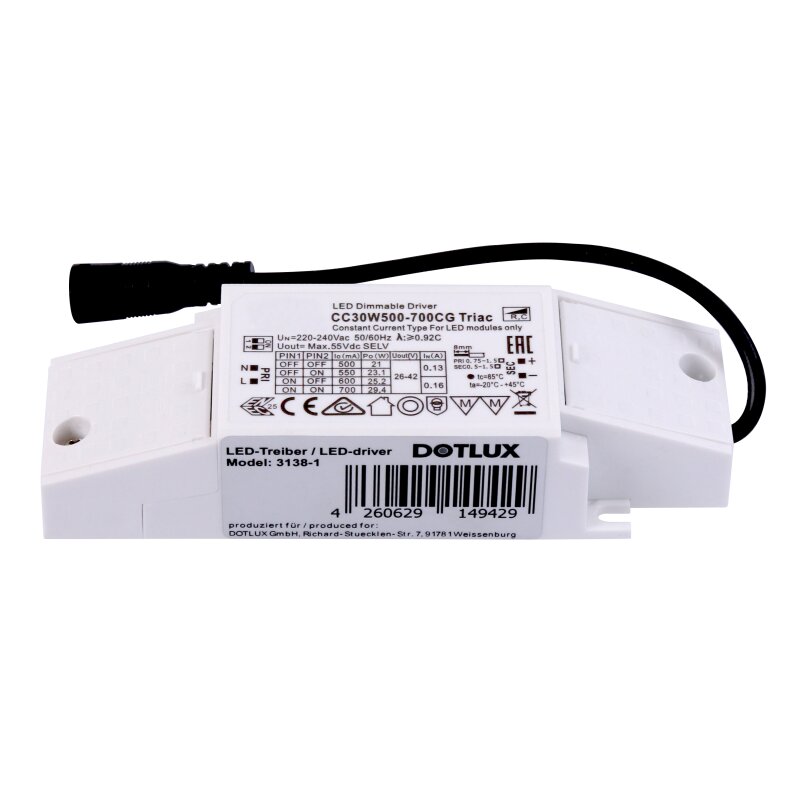 LED - Netzteil CC 13 - 30W 500 - 700mA 26 - 42V dimmbar Phasenab/ - anschnitt - Dotlux - 3138 - 1