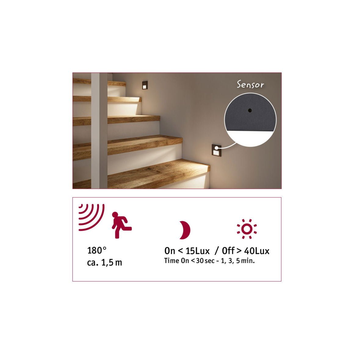 LED Wandeinbauleuchte Tsaro eckig 80x36mm 1W 80lm 230V 2700K Schwarz matt mit Bewegungsmelder - Paulmann - 80004