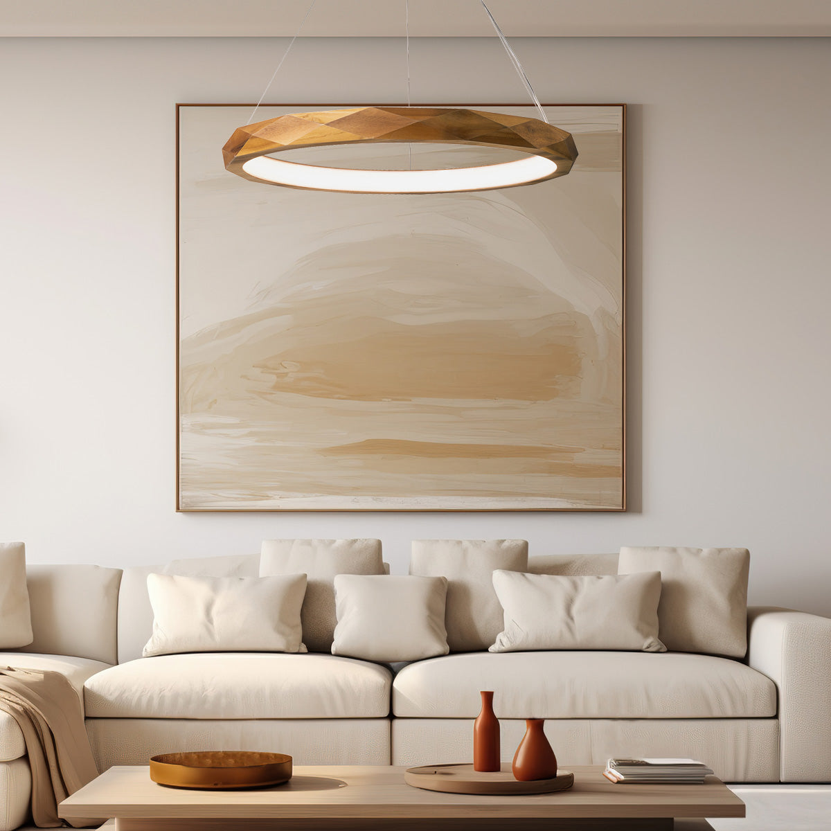 Angular LED Pendelleuchte aus Teakholz