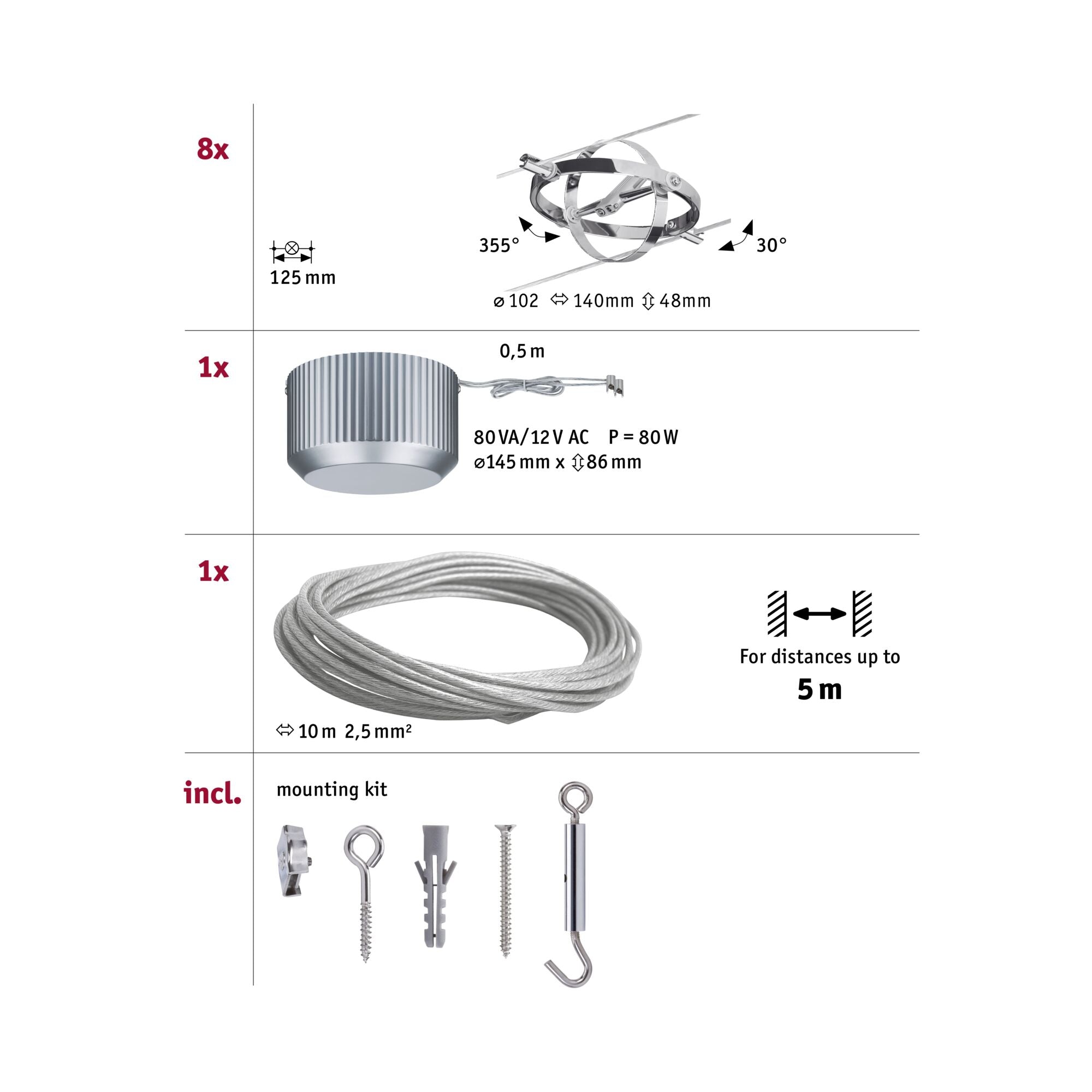 Seilsystem Cardan Basisset GU5,3 max. 8x10W dimmbar 230/12V Chrom matt/Chrom - Paulmann - 94153