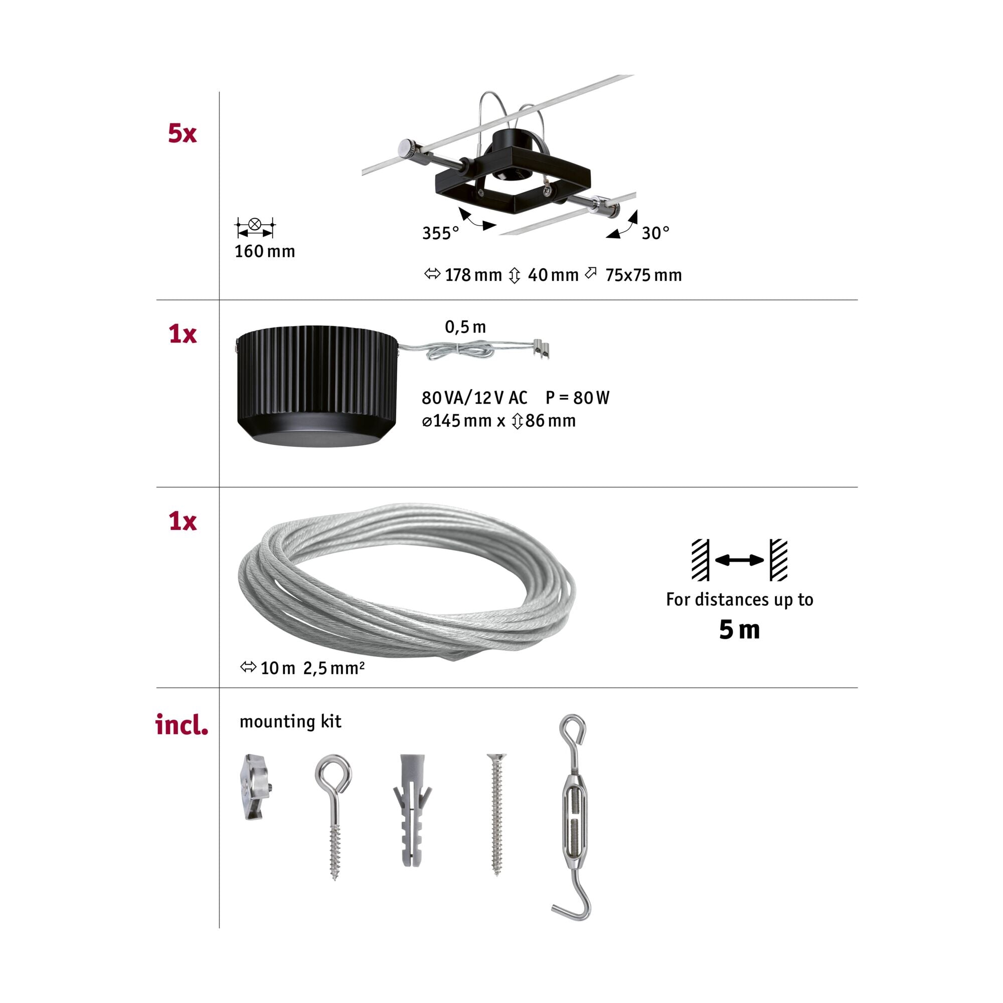 Seilsystem Mac II Basisset GU5,3 max. 5x10W dimmbar 230/12V Schwarz matt - Paulmann - 94290