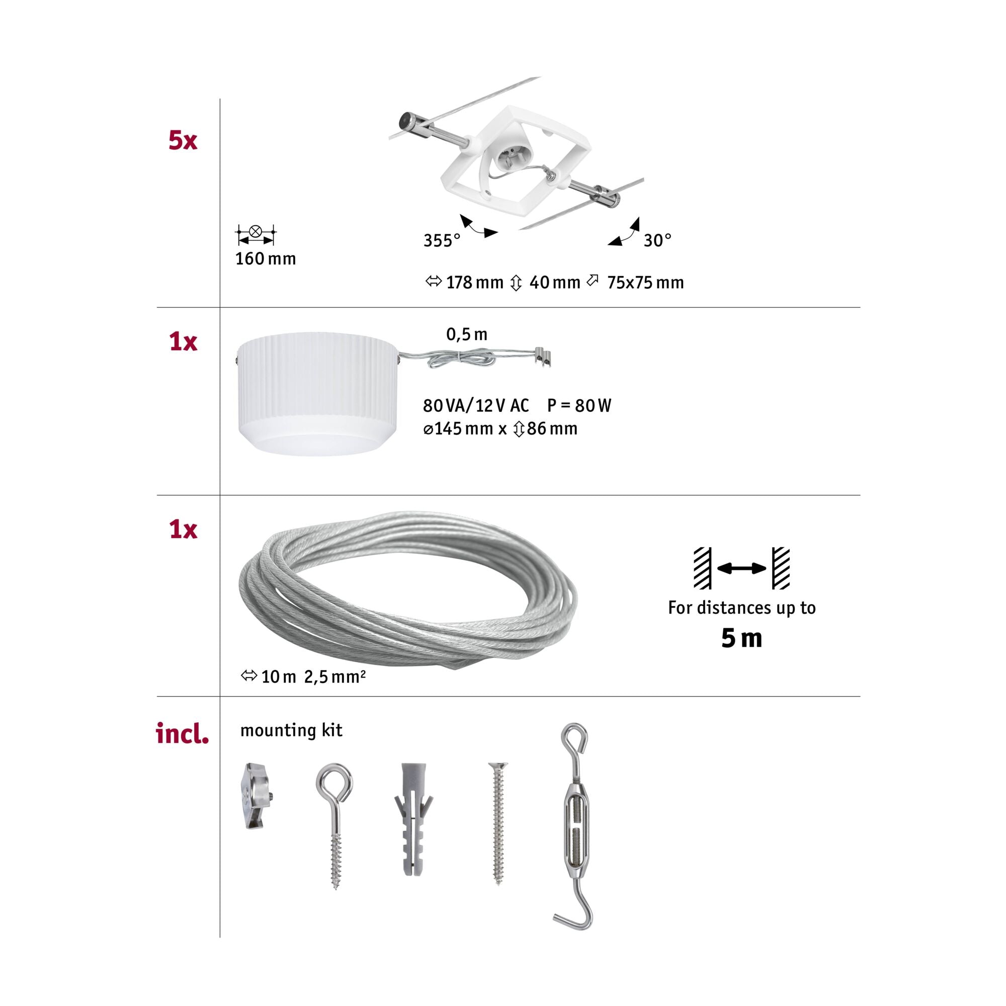 Seilsystem Mac II Basisset GU5,3 max. 5x10W dimmbar 230/12V Weiß - Paulmann - 94134