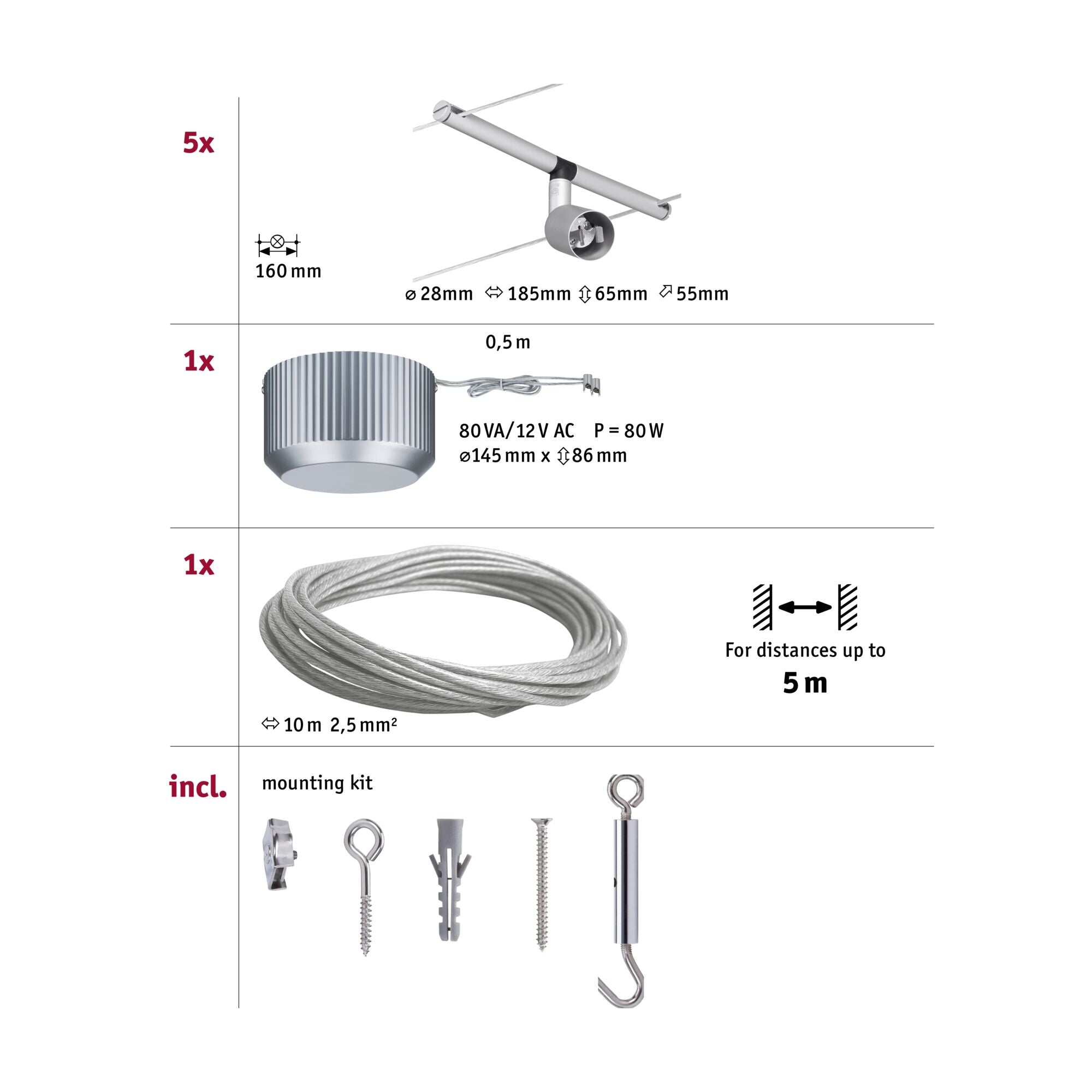 Seilsystem Spice SaltLED Basisset GU5,3 max. 5x10W dimmbar 230/12V Chrom matt - Paulmann - 94145