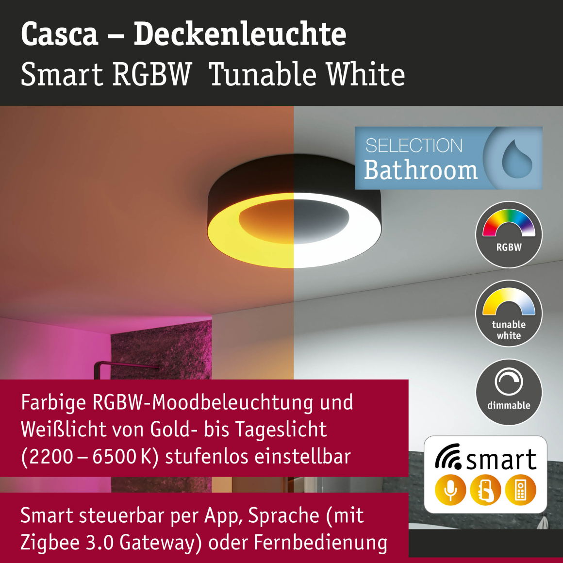 LED Deckenleuchte Smart Home Zigbee 3.0 Casca IP44 RGBW+ 1750lm 230V 20W dimmbar Schwarz matt