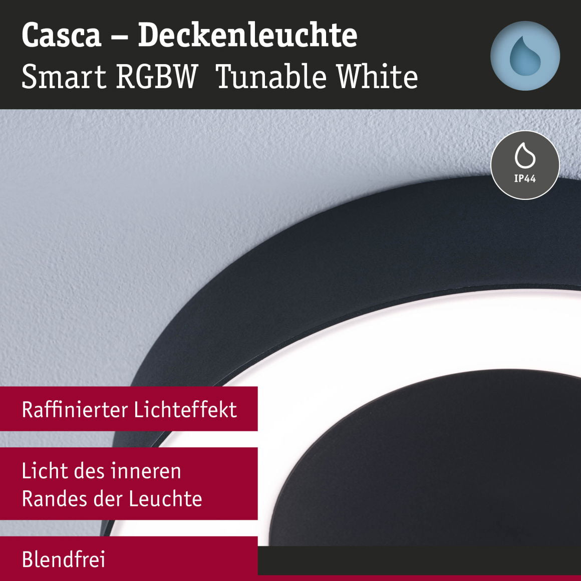 LED Deckenleuchte Smart Home Zigbee 3.0 Casca IP44 RGBW+ 1750lm 230V 20W dimmbar Schwarz matt