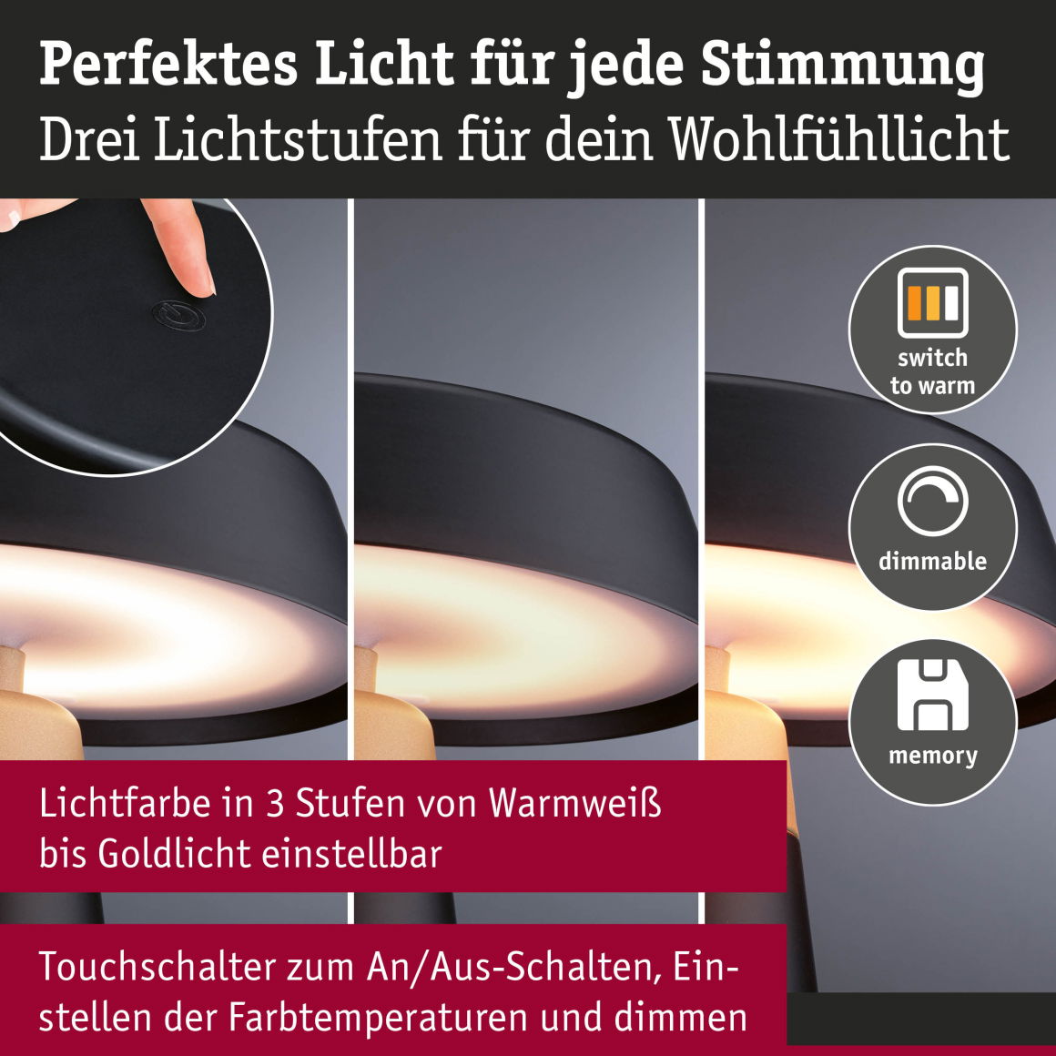Lampe à batterie Lirox IP44 White Switch Noir/Champagne