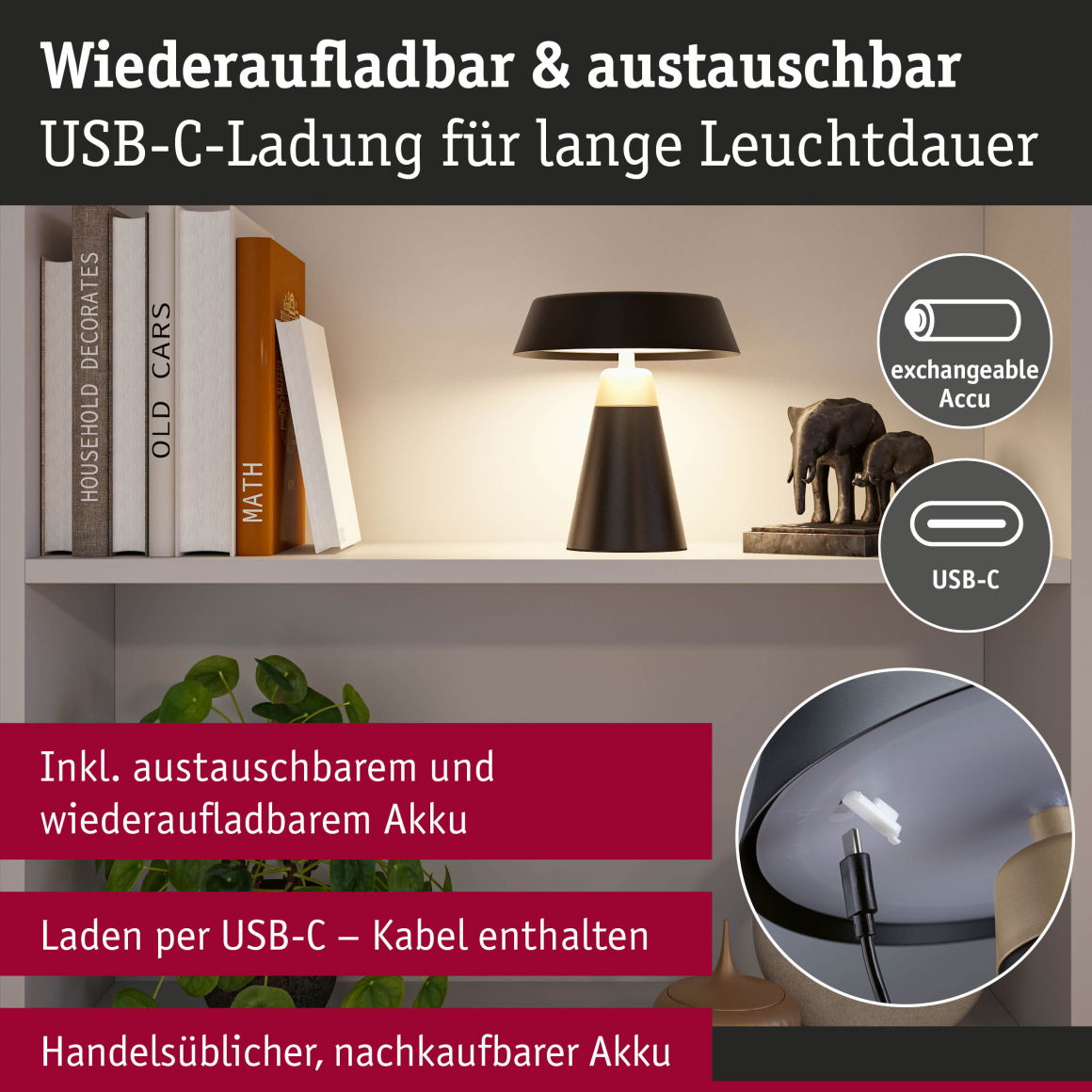 Lampe à batterie Lirox IP44 White Switch Noir/Champagne