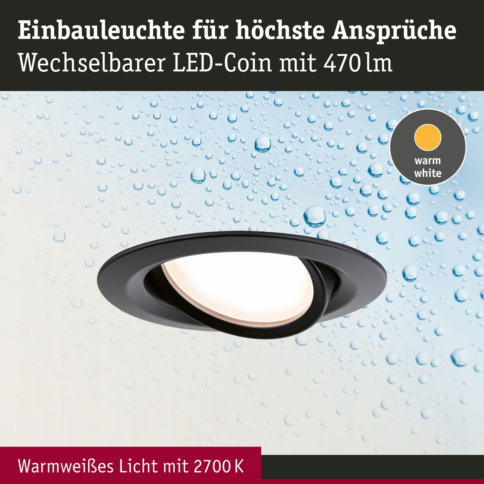 Spot LED encastrable Nova Plus Coin, lampe individuelle orientable IP65 ronde 93mm 30° Coin 6W 470lm 230V dimmable 2700K Noir mat