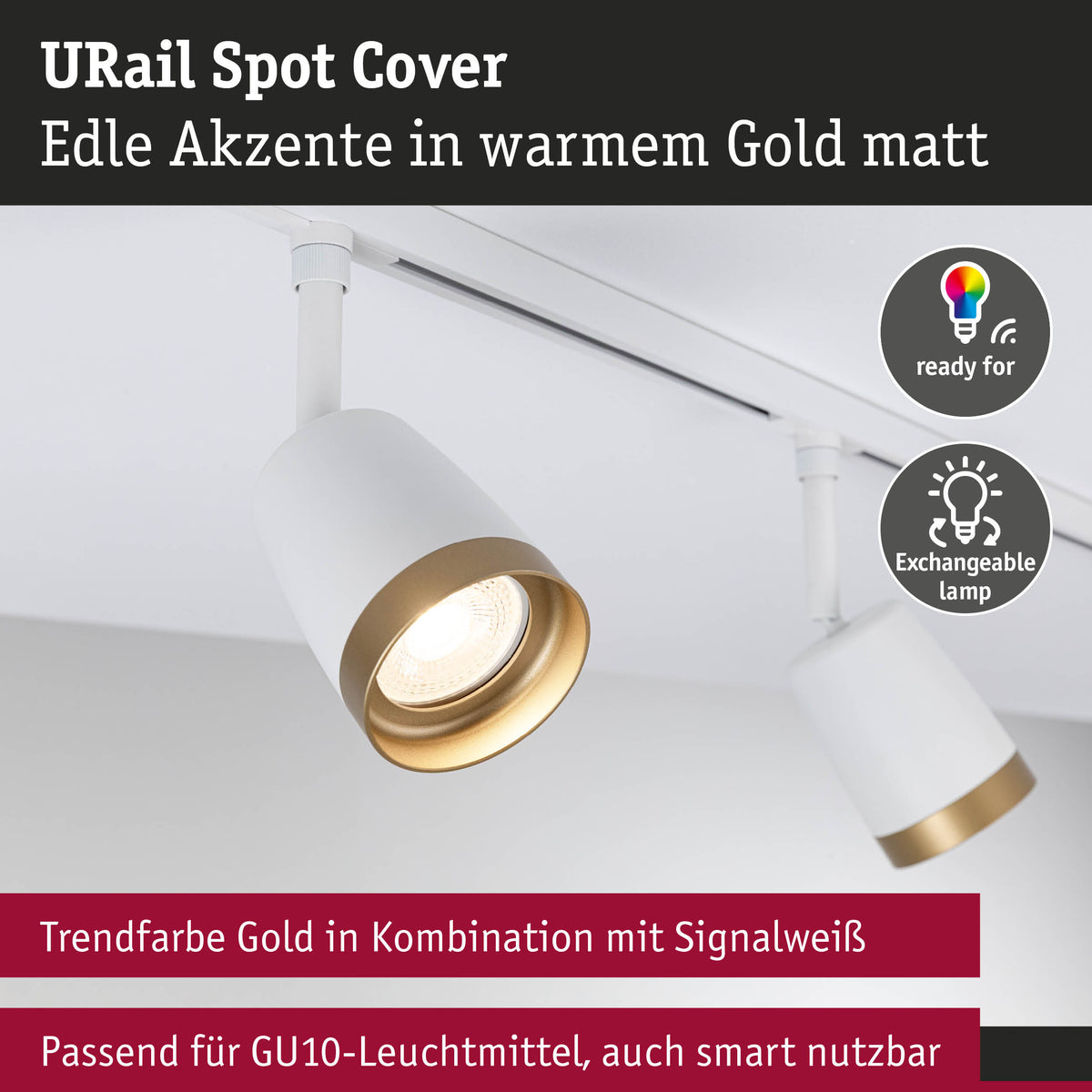 URail Schienenspot Cover Einzelspot GU10 max. 10W 230V Signalweiß/Gold matt