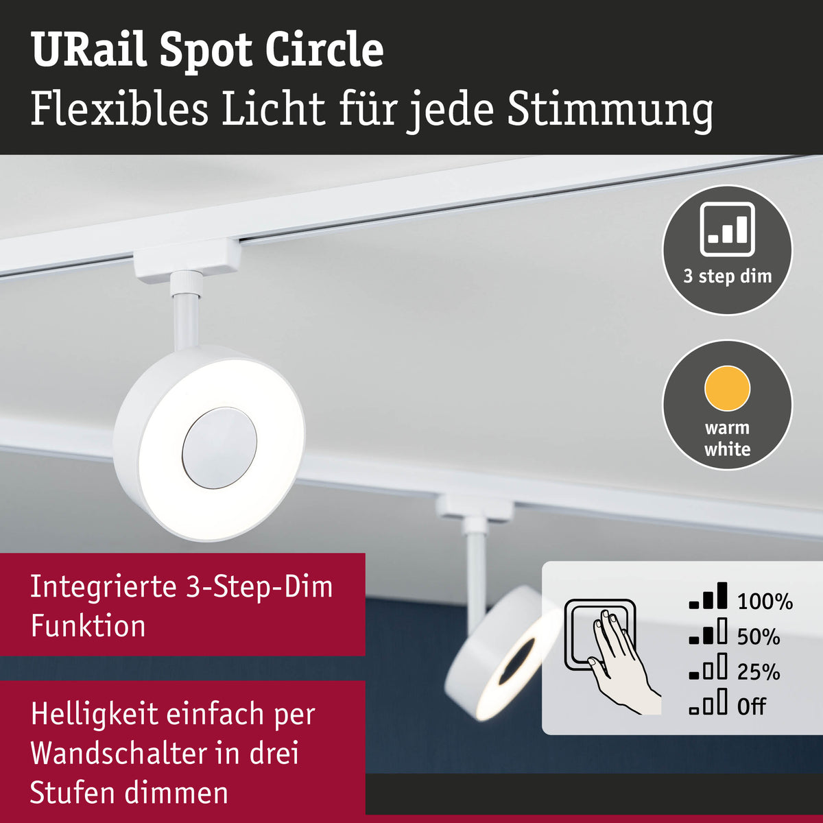 URail Schienenspot 3-Step-Dim Circle 280lm 5W 3000K dimmbar 230V Signalweiß
